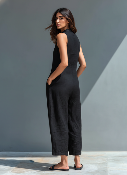 Ermeløs Minimalistisk Jumpsuit for Kvinner med Høy Krage og Knapper