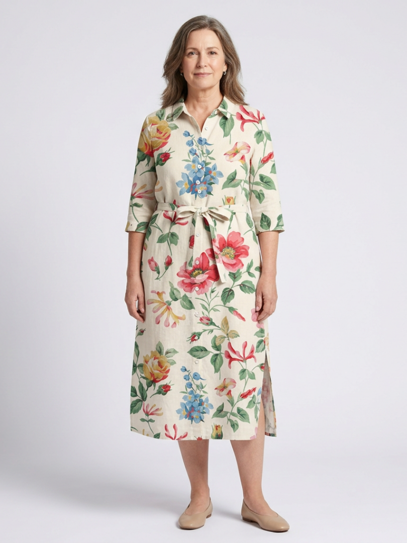Maribel | Knappefront Blomstrete Midi Kjole med Halv Erme