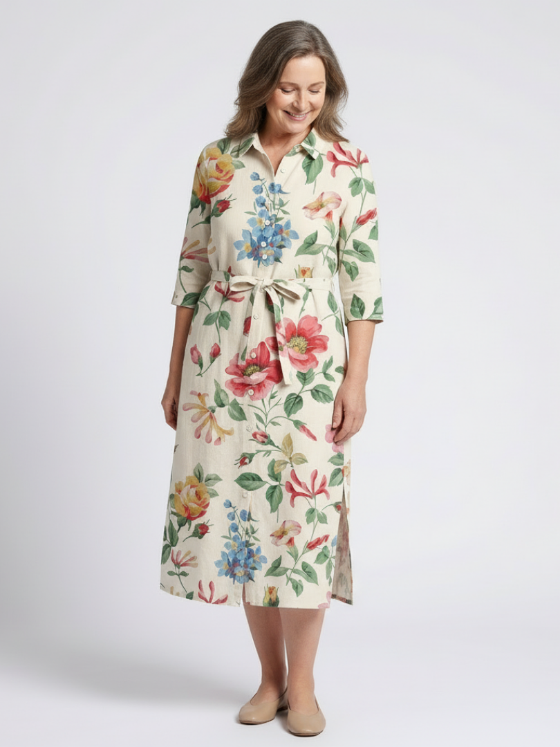 Maribel | Knappefront Blomstrete Midi Kjole med Halv Erme