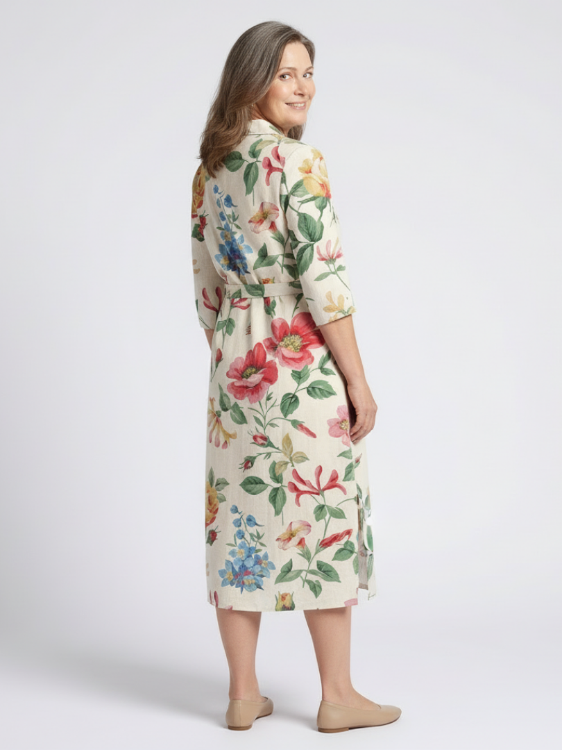 Maribel | Knappefront Blomstrete Midi Kjole med Halv Erme