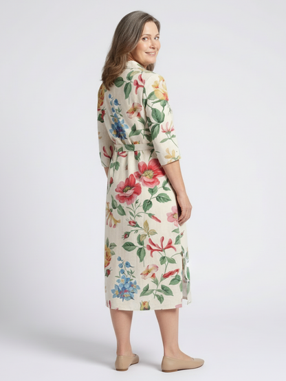 Maribel | Knappefront Blomstrete Midi Kjole med Halv Erme