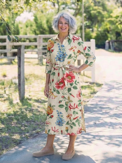 Maribel | Knappefront Blomstrete Midi Kjole med Halv Erme