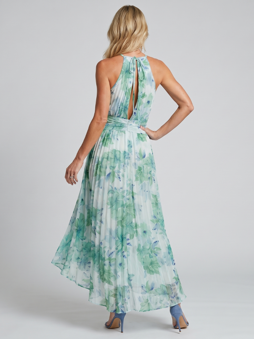 Portia | Midikjole med halterneck, plissé og blomsterprint