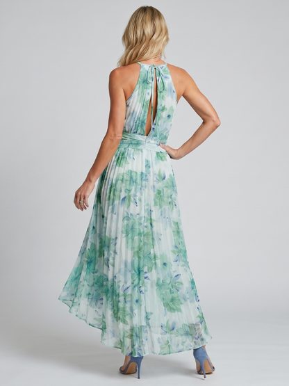 Portia | Midikjole med halterneck, plissé og blomsterprint