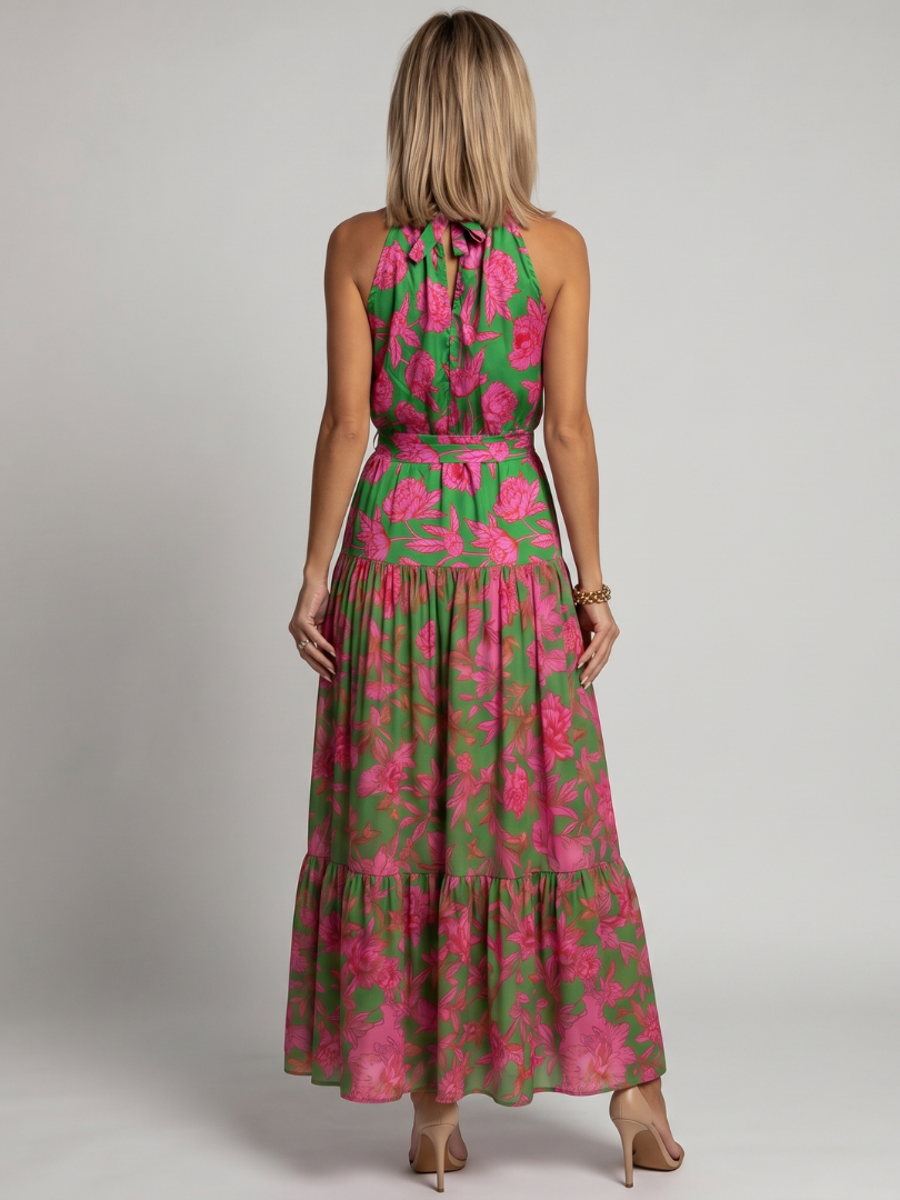 Rosa | Midi kjole med drapering og halterneck