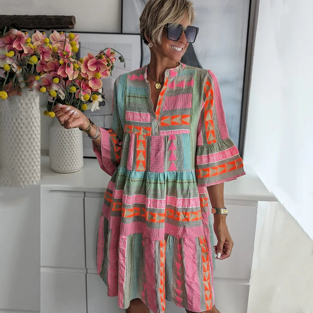 Ava - Chic V-hals Bomull Hamp Sommerkjole