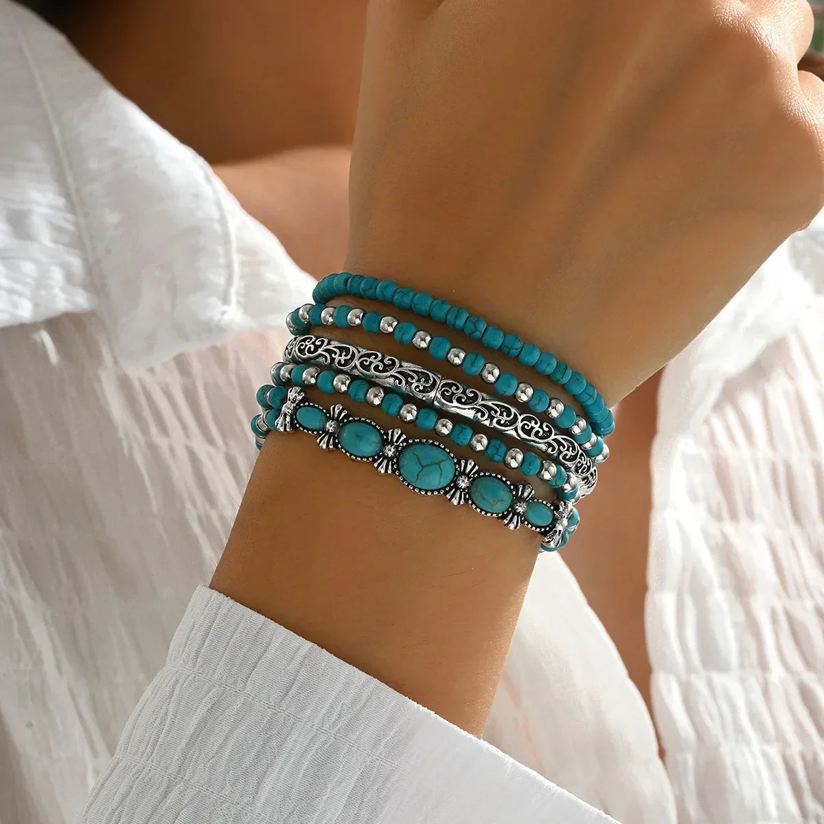 Bohemsk Turquoise Perlearmbånd Sett