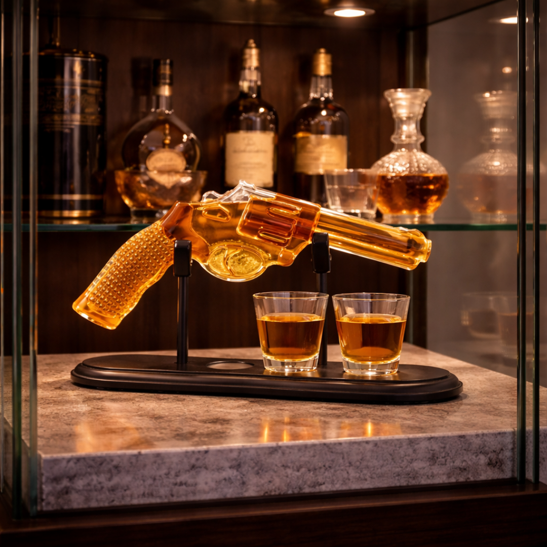 Whiskeyflaske – Revolver Set Utgave med Glass