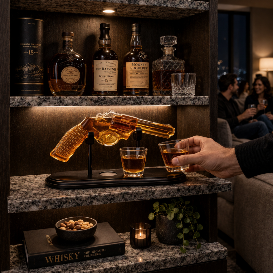Whiskeyflaske – Revolver Set Utgave med Glass