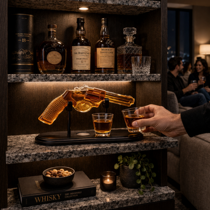 Whiskeyflaske – Revolver Set Utgave med Glass