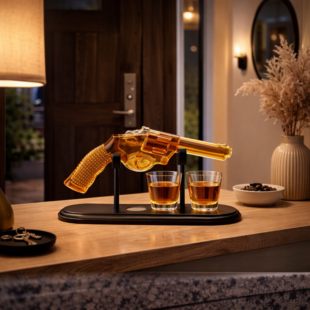 Whiskeyflaske – Revolver Set Utgave med Glass