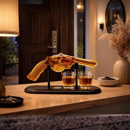 Whiskeyflaske – Revolver Set Utgave med Glass