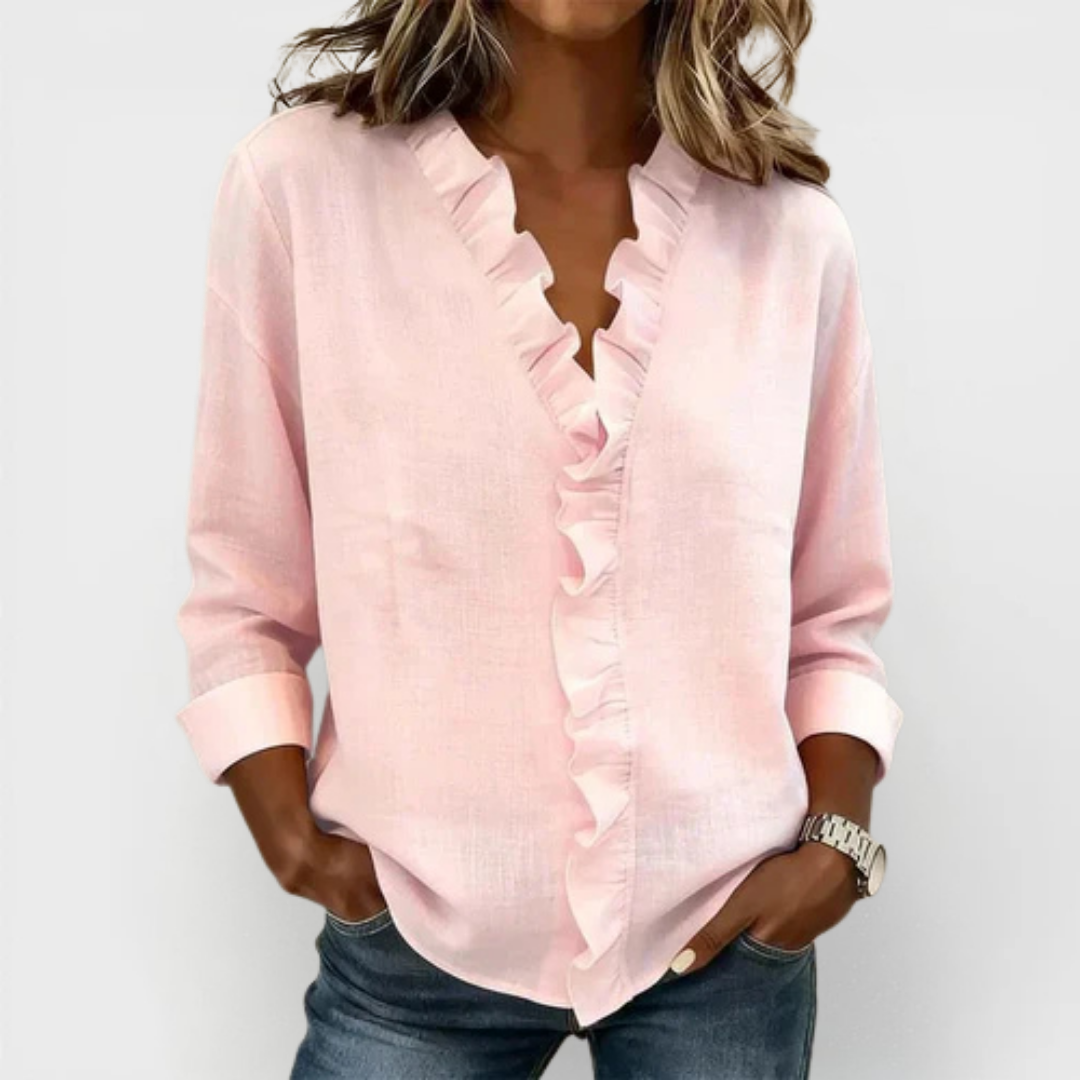 Susan | Bluse med Volanger, V-Hals og Lange Ermer