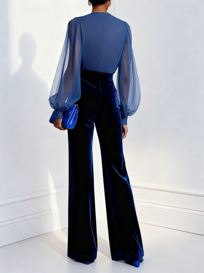 Blå mesh V-hals lange ermer fløyels jumpsuit