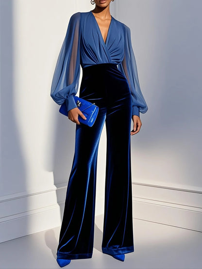 Blå mesh V-hals lange ermer fløyels jumpsuit