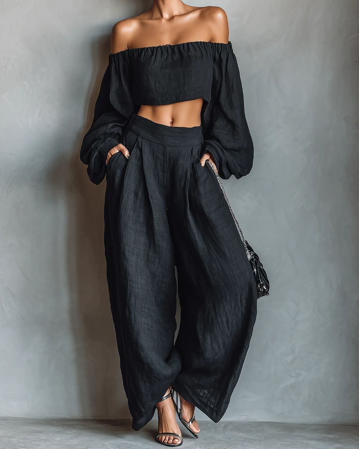 Tess™ || Off-shoulder sett med vide bukser