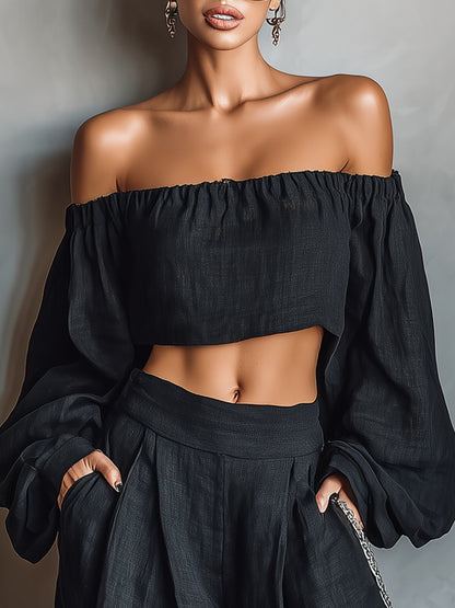 Tess™ || Off-shoulder sett med vide bukser