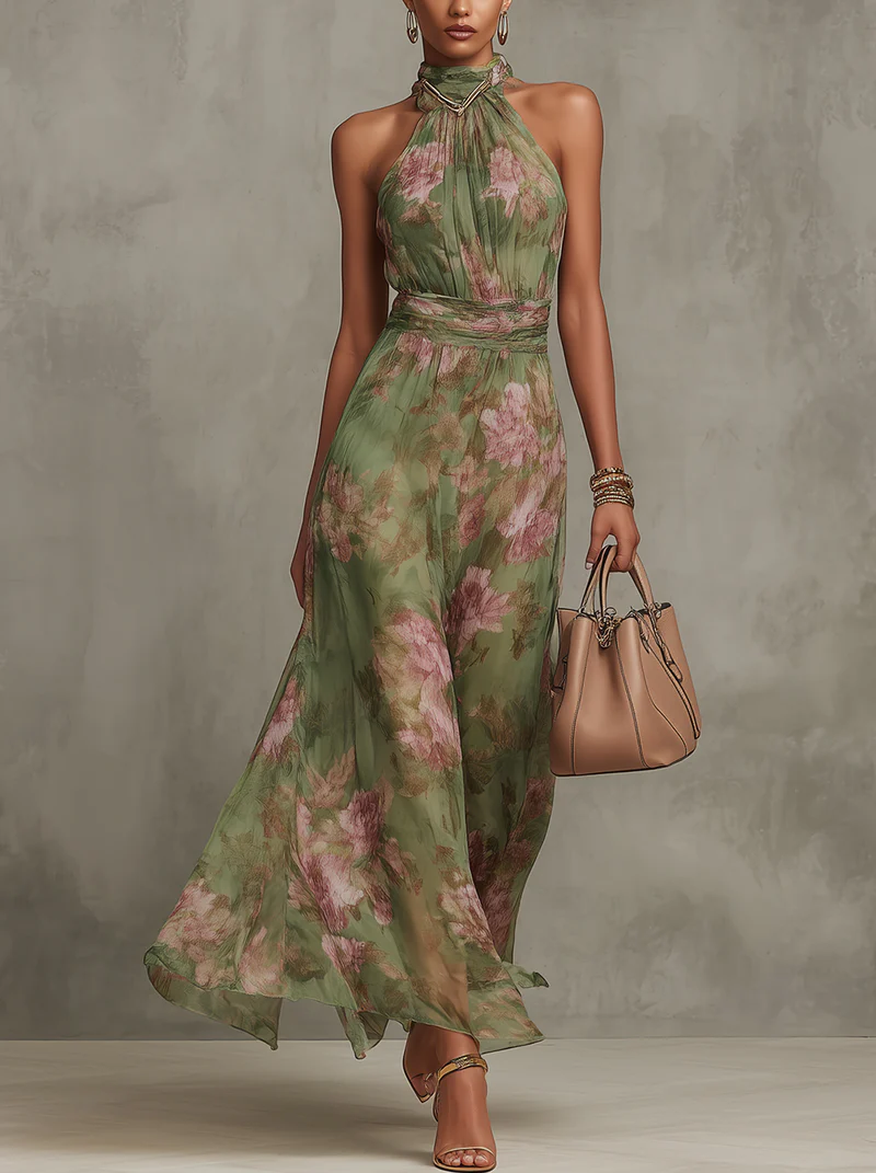 ESSENSIELL - Serena ∙ Grønn Blomstrete Chiffon Maxi Kjole med Halterneck