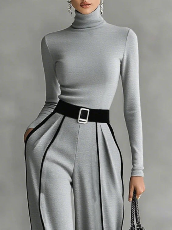 Solana - Langermet Turtleneck og Vide Bukser Sett med Belte