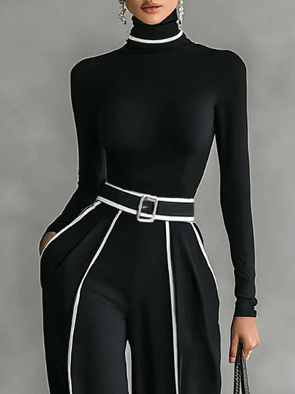 Solana - Langermet Turtleneck og Vide Bukser Sett med Belte