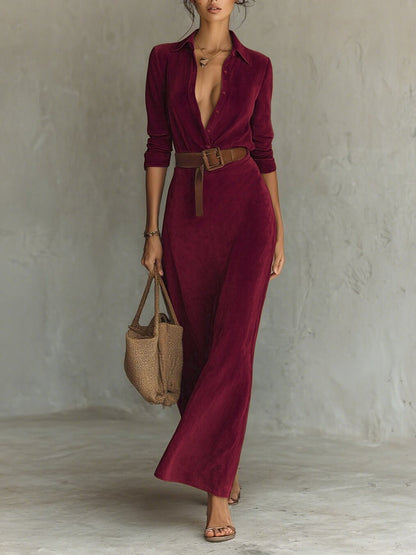 Juline™ | Suede Look Maxi Kjole med Krage