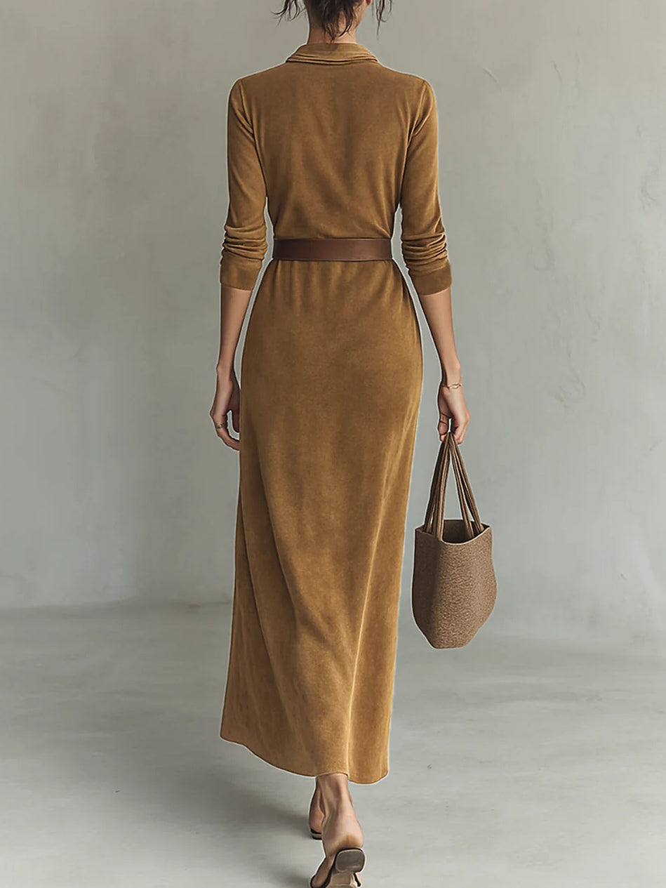 Juline™ | Suede Look Maxi Kjole med Krage