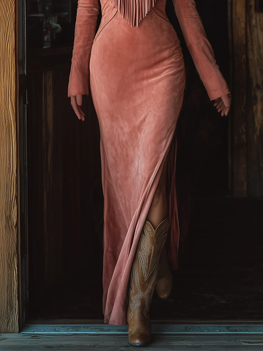 Vintage Western Frynse Brodert Rosa Faux Suede Maxi Kjole