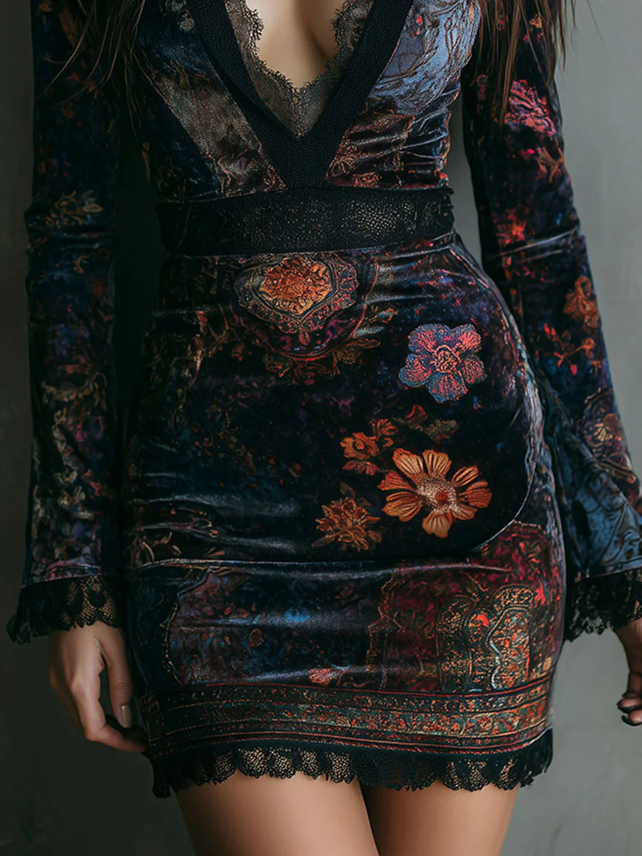 Blomsterprint V-hals Fløyelskant Trim Slim-fit mini-kjole