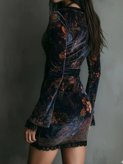 Blomsterprint V-hals Fløyelskant Trim Slim-fit mini-kjole