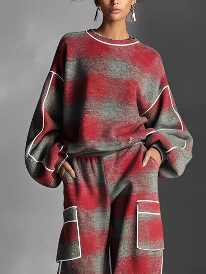 Rød og Grå Rutete Fargeblandet Sweatshirt og Casual Bukse To-delt Sett