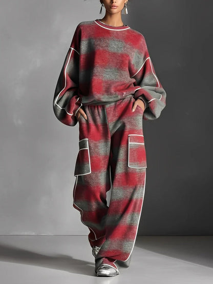 Rød og Grå Rutete Fargeblandet Sweatshirt og Casual Bukse To-delt Sett