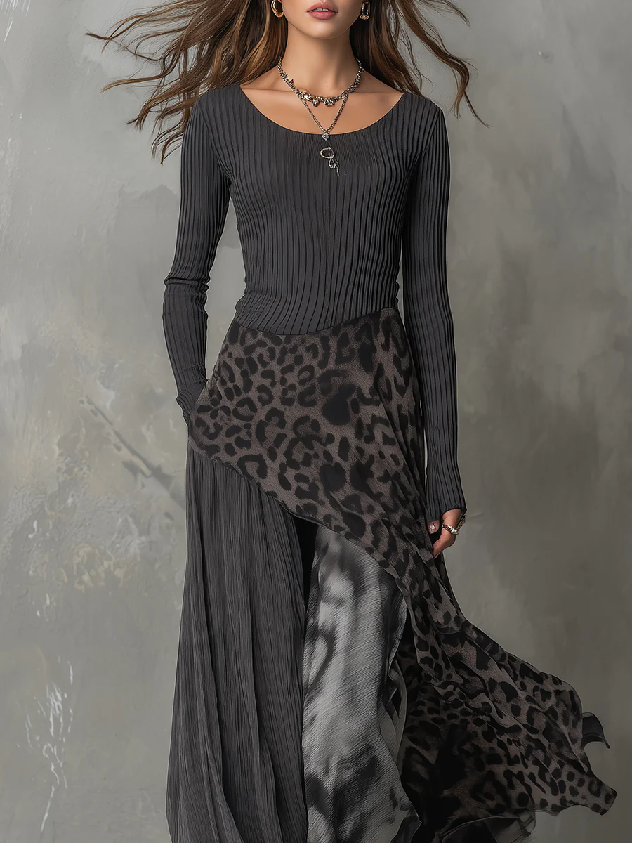 Grå Pit Stripe Leopardprint Splicing Ujevn Hem Maxi Kjole