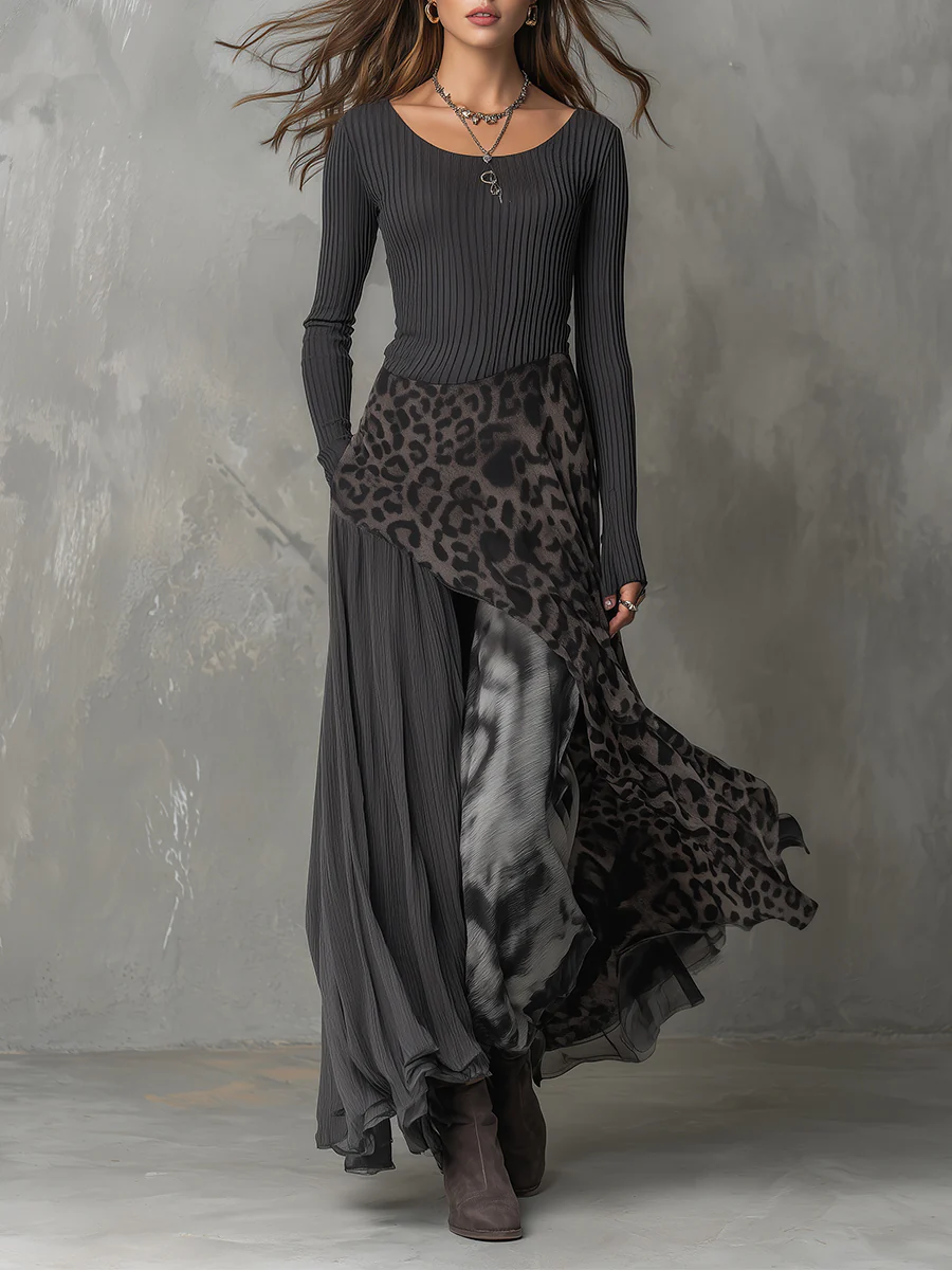 Grå Pit Stripe Leopardprint Splicing Ujevn Hem Maxi Kjole