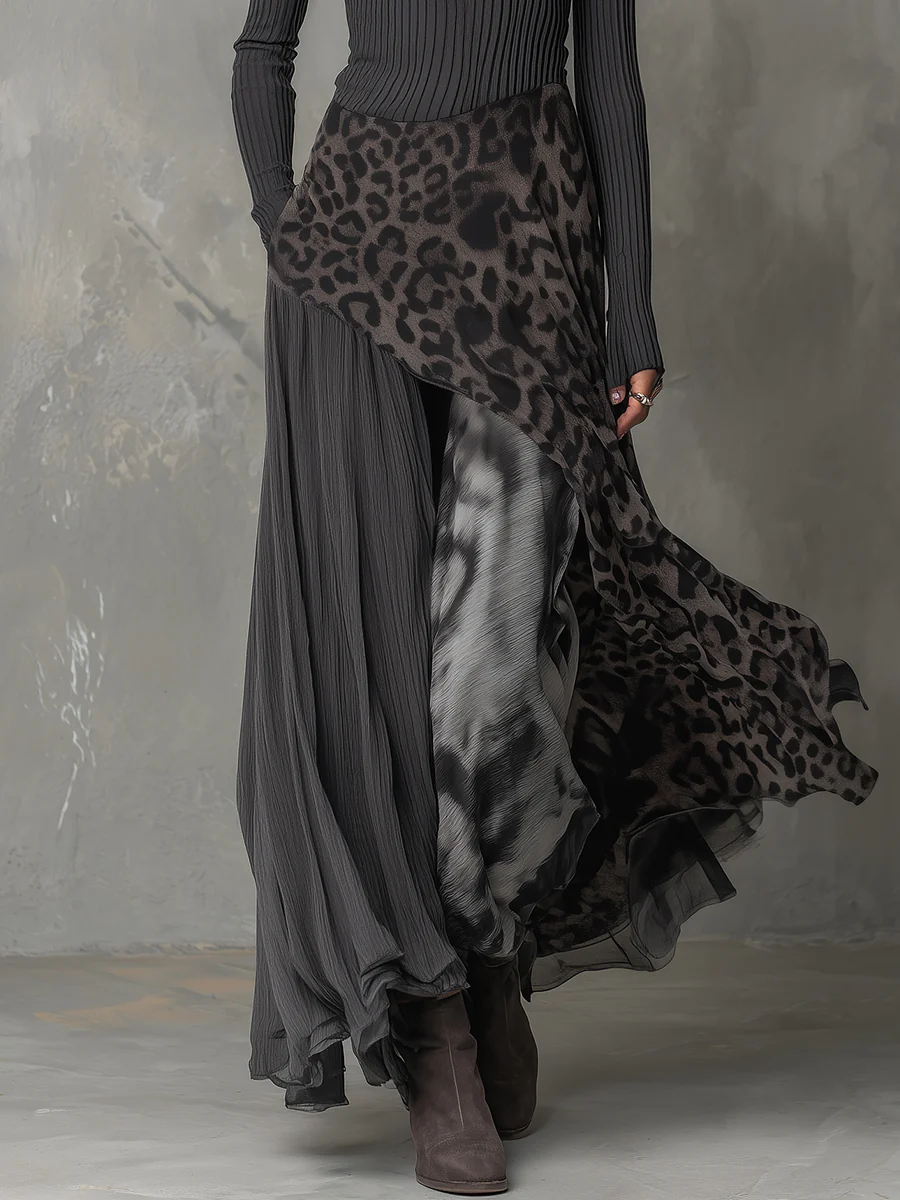 Grå Pit Stripe Leopardprint Splicing Ujevn Hem Maxi Kjole