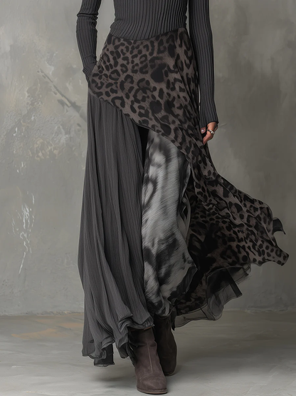 Grå Pit Stripe Leopardprint Splicing Ujevn Hem Maxi Kjole