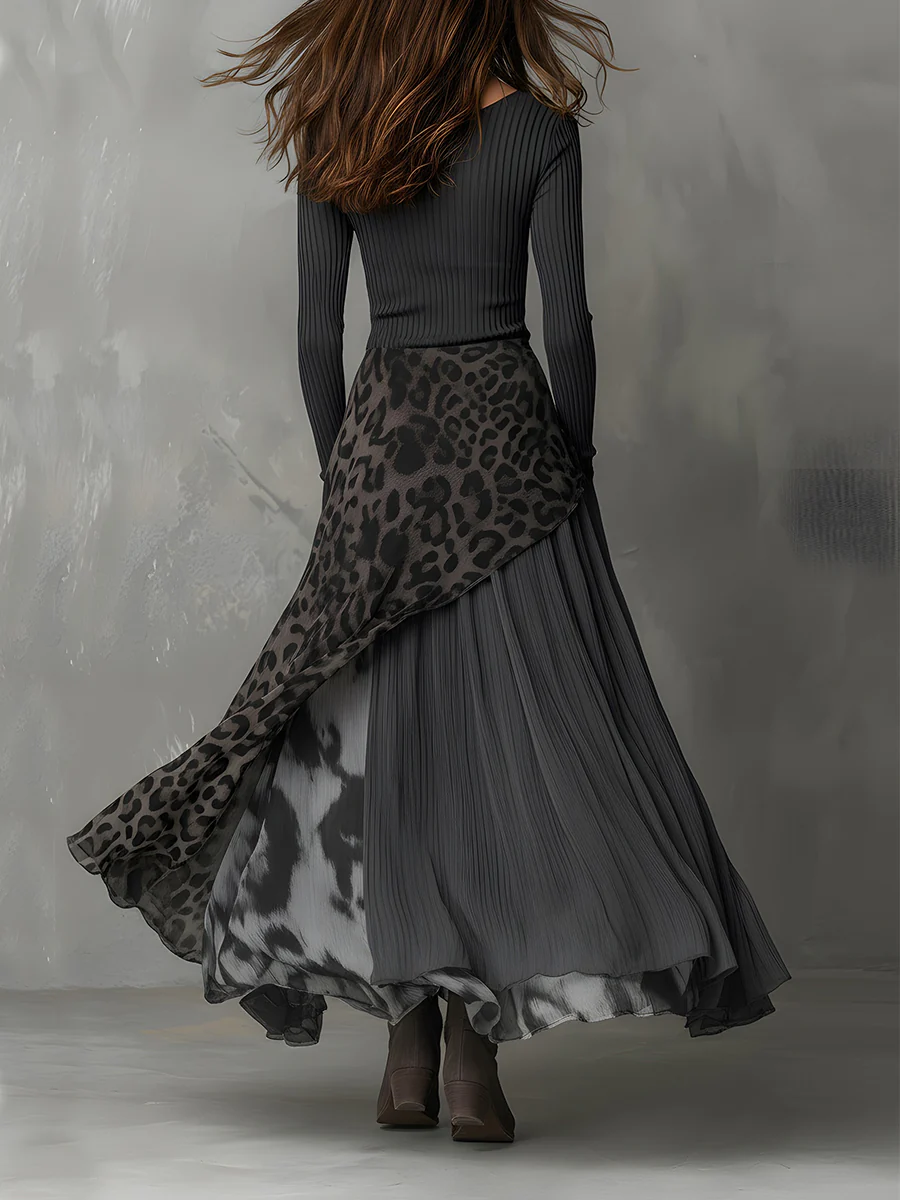 Grå Pit Stripe Leopardprint Splicing Ujevn Hem Maxi Kjole