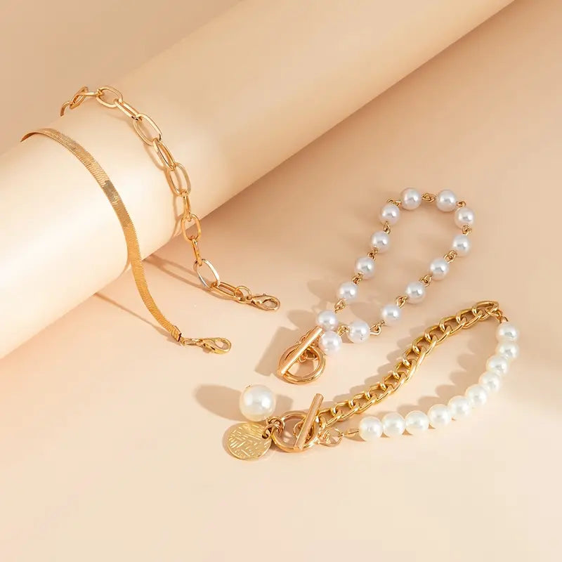 Elegant 4-delt Armbåndsett – Slange, Perler og Lenker