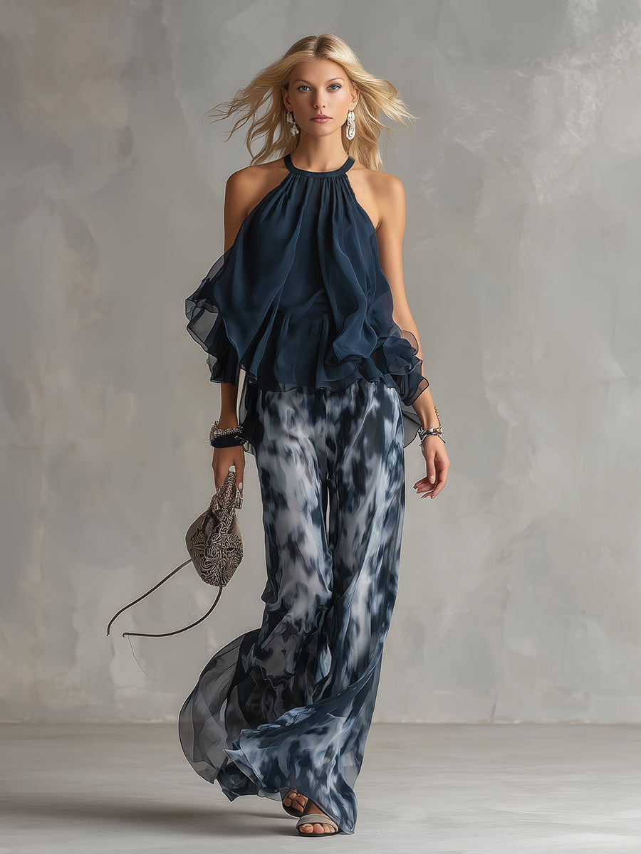 ESSENSIELL - Ludovica – Elegant chiffon-sett med høyhalset topp og vide trykte bukser