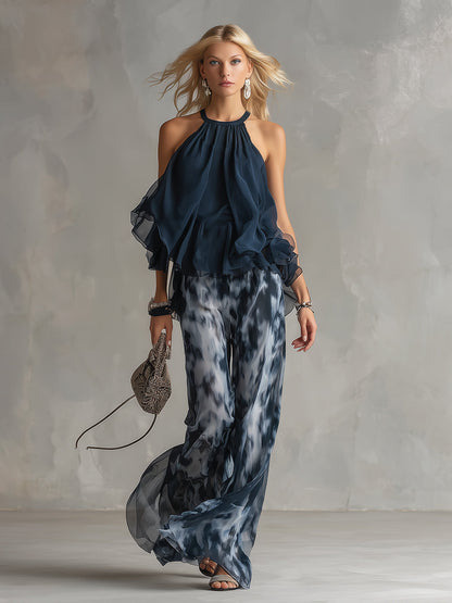 ESSENSIELL - Ludovica – Elegant chiffon-sett med høyhalset topp og vide trykte bukser