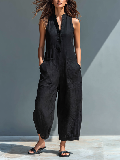Ermeløs Minimalistisk Jumpsuit for Kvinner med Høy Krage og Knapper