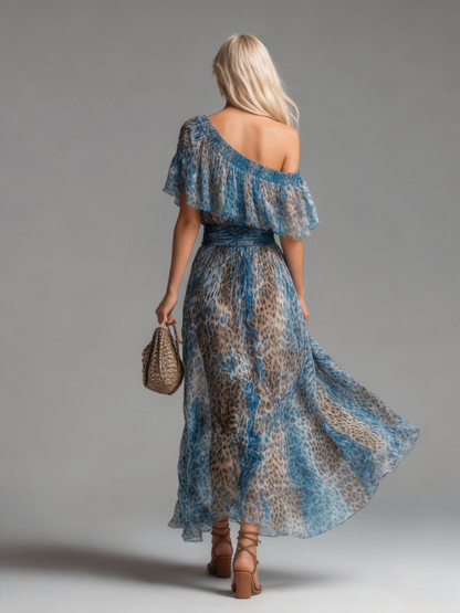 🔥 Selvaggia – Leopardmønster Off-Shoulder Chiffon Maxi Kjole
