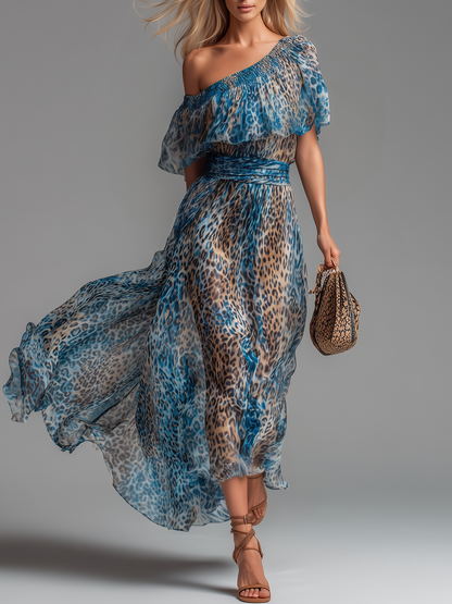 🔥 Selvaggia – Leopardmønster Off-Shoulder Chiffon Maxi Kjole