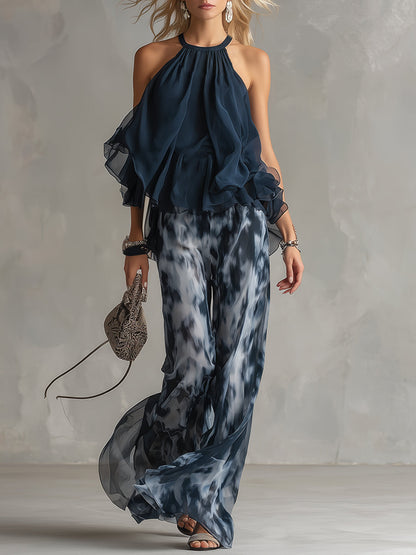 ESSENSIELL - Ludovica – Elegant chiffon-sett med høyhalset topp og vide trykte bukser