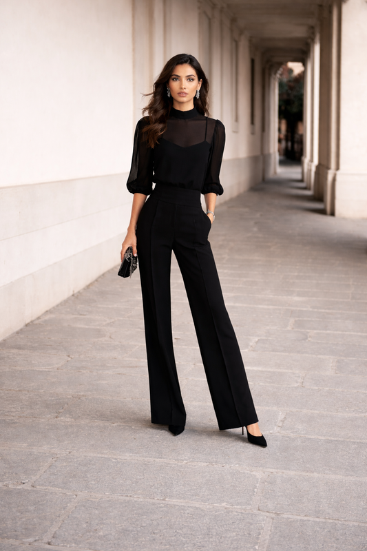 Valentina | Three-Piece Set Comprising a Sheer Camisole and Wide-Leg Pants.