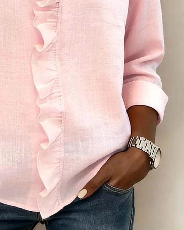 Susan | Bluse med Volanger, V-Hals og Lange Ermer