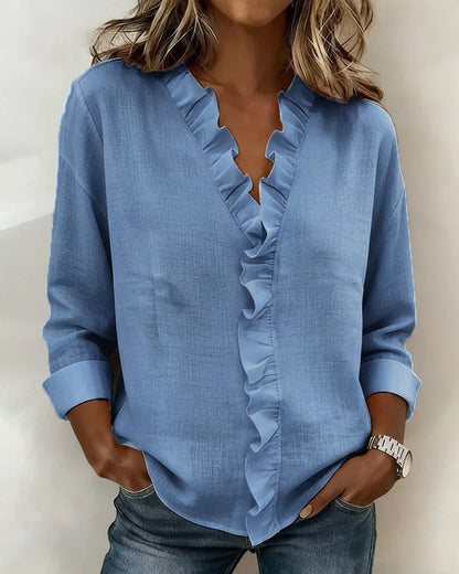 Susan | Bluse med Volanger, V-Hals og Lange Ermer