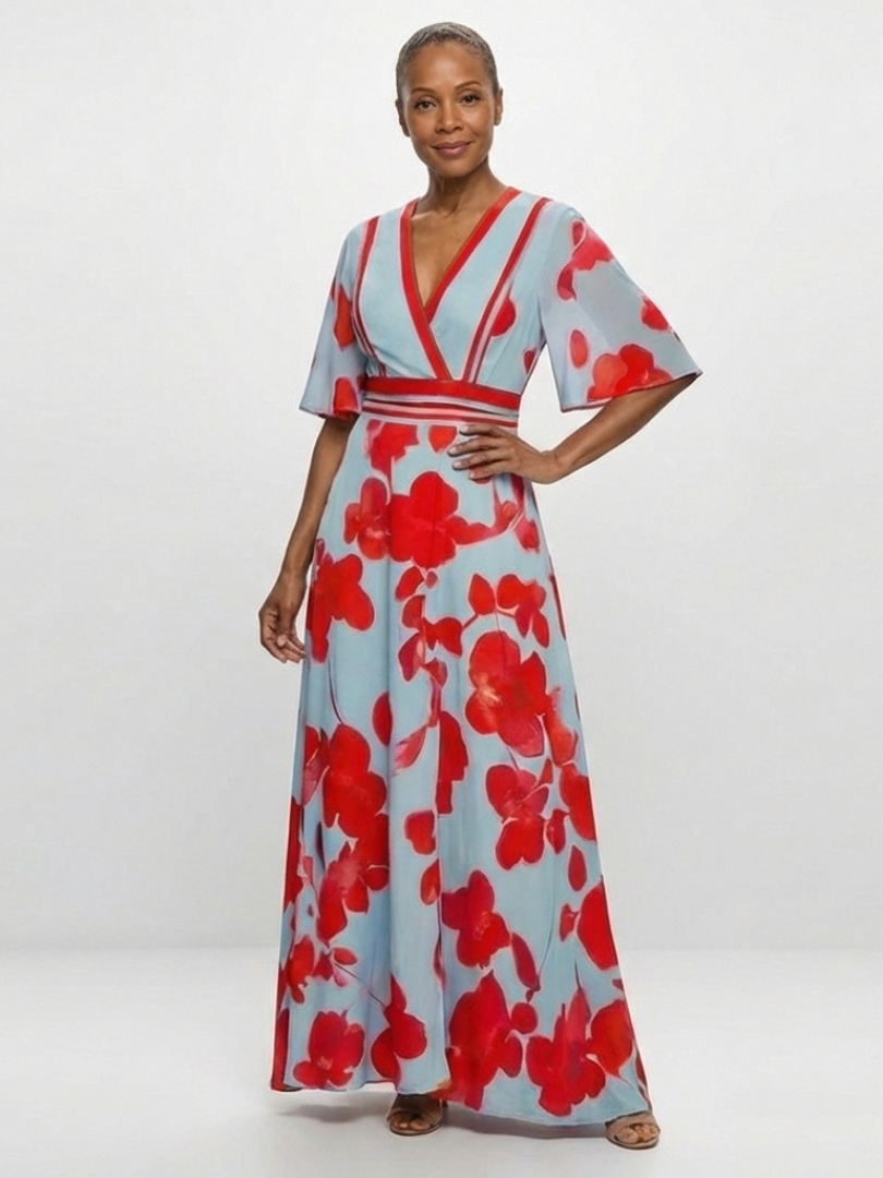 Corinne | V-hals Kortermet Blomster Maxi Kjole