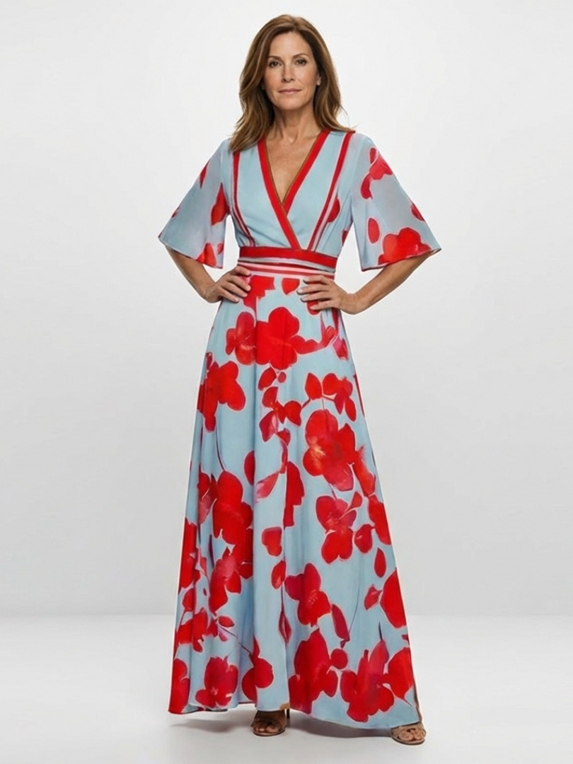 Corinne | V-hals Kortermet Blomster Maxi Kjole