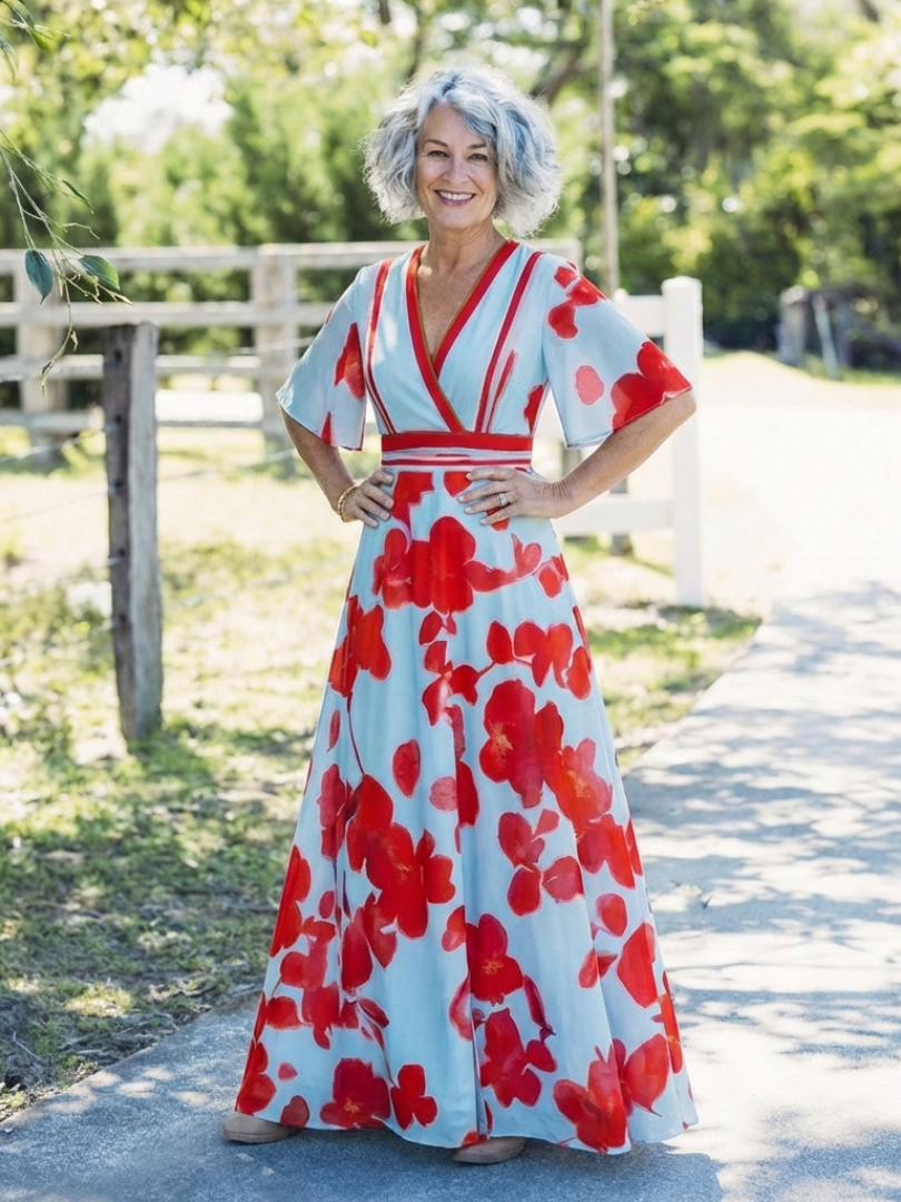 Corinne | V-hals Kortermet Blomstrete Maxikjole