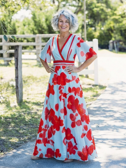 Corinne | V-hals Kortermet Blomster Maxi Kjole